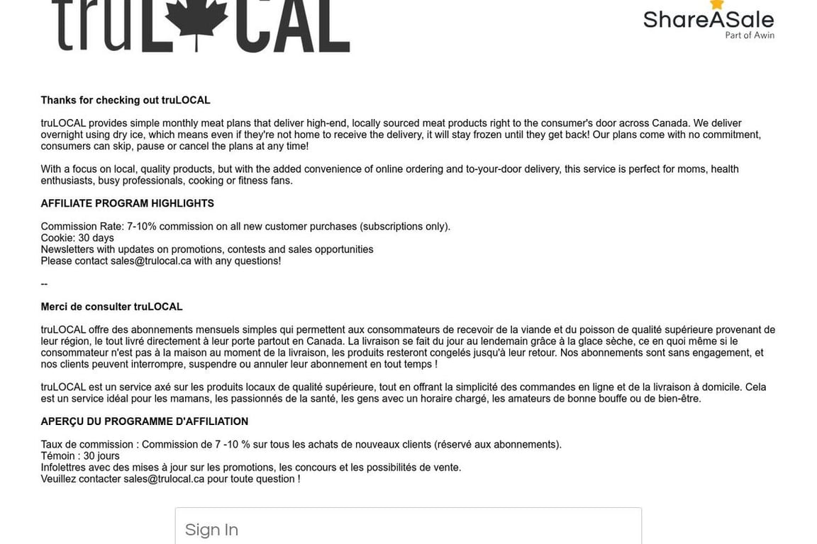 Tru Local affiliate program signup page