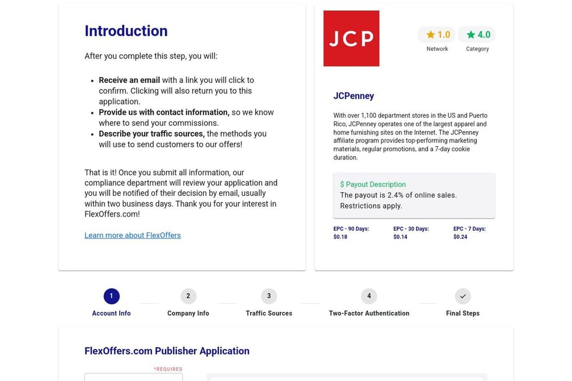 JCPenney affiliate program signup page