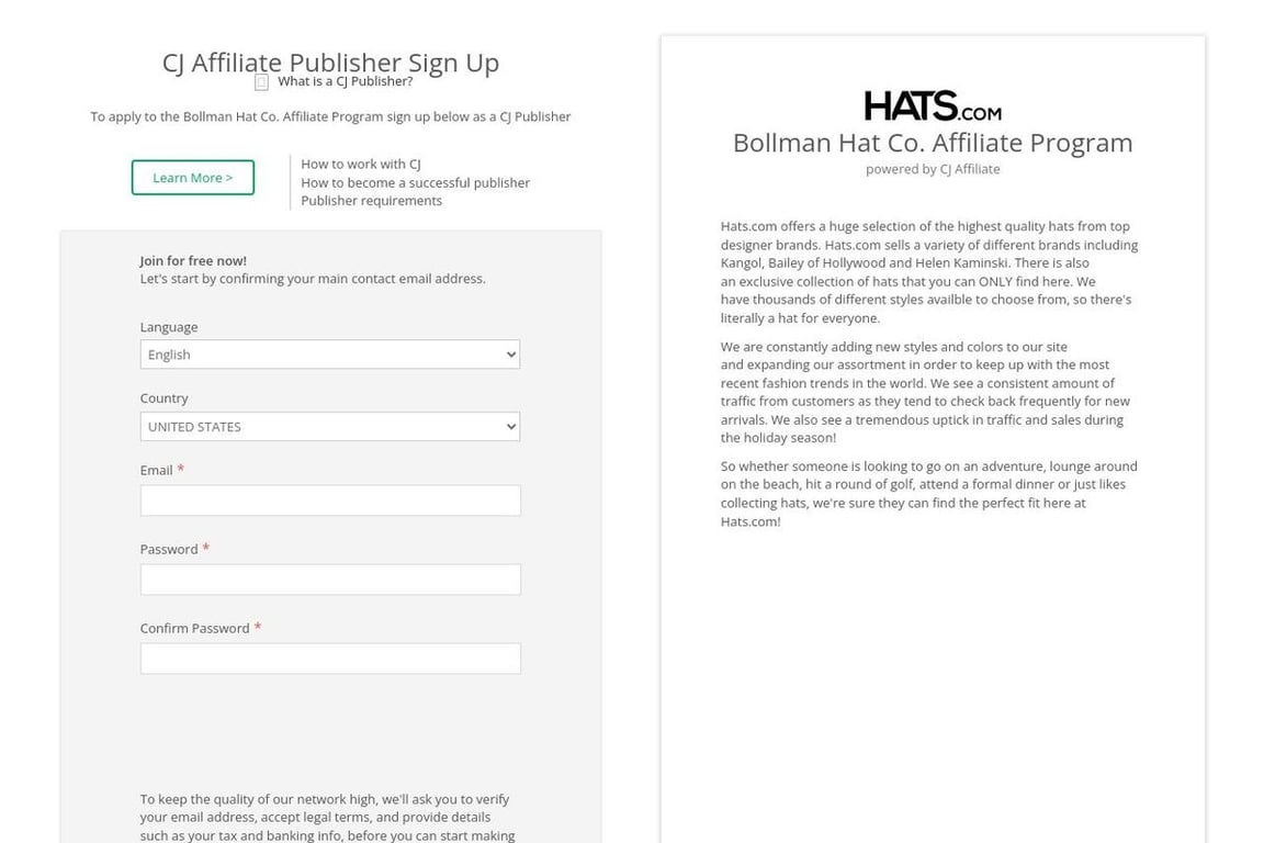 Bollman Hat Co. affiliate program signup page