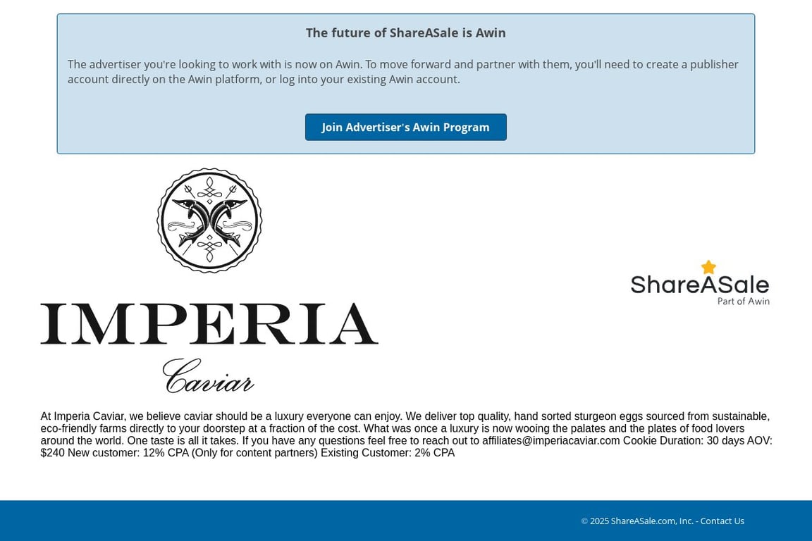 Imperia Caviar affiliate program signup page