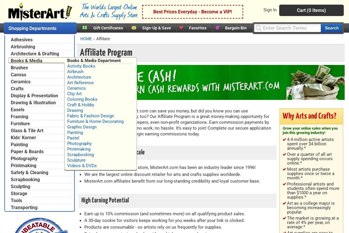 Mister Art affiliate program signup page