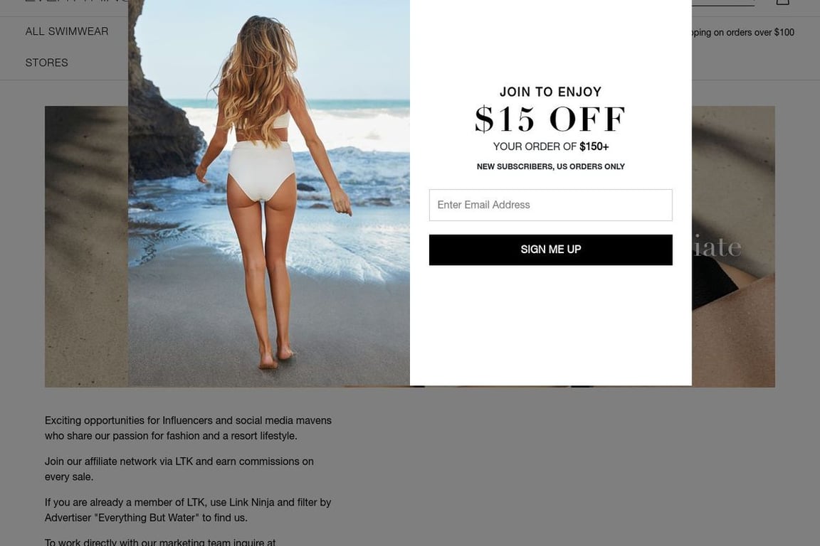 Everything But Water affiliate program signup page