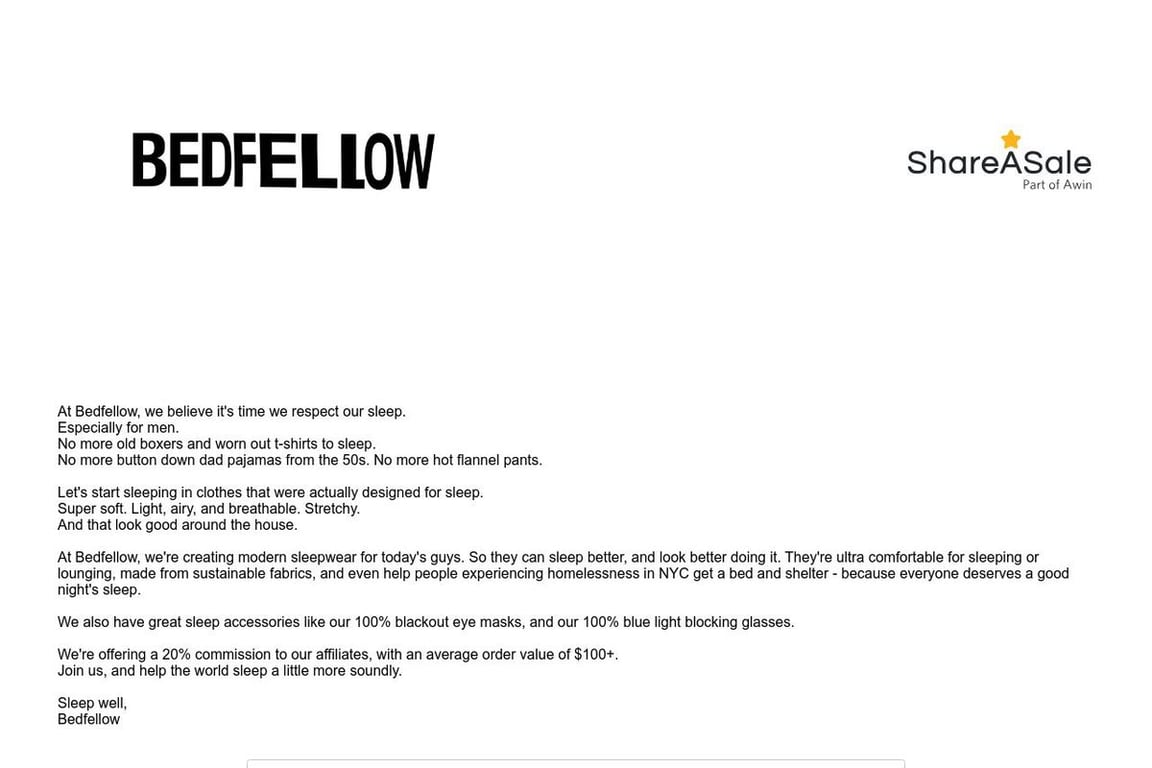 Bedfellow affiliate program signup page