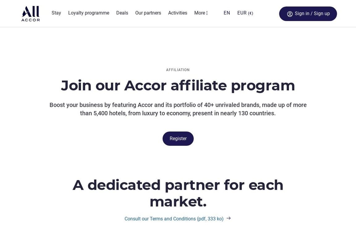 Accor Hotels affiliate program signup page