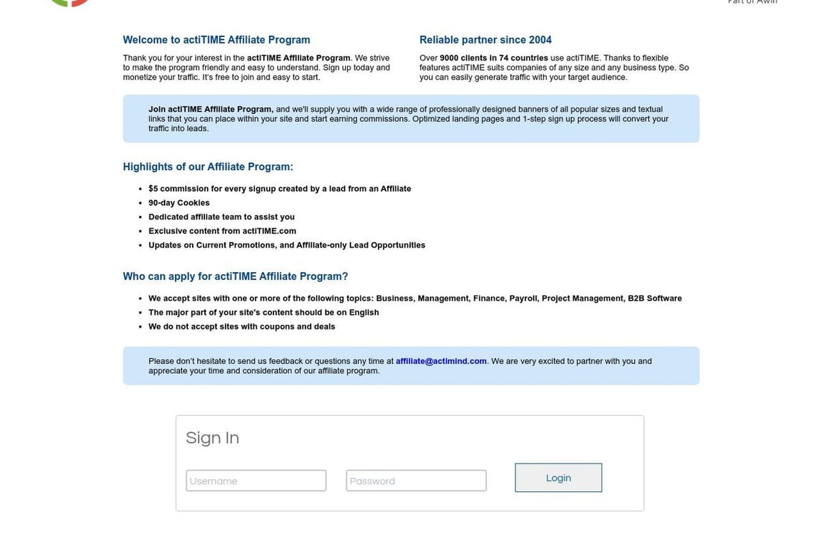 ActiTIME, Inc. affiliate program signup page