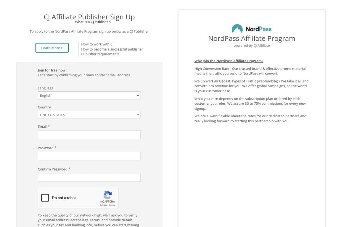 NordPass affiliate program signup page