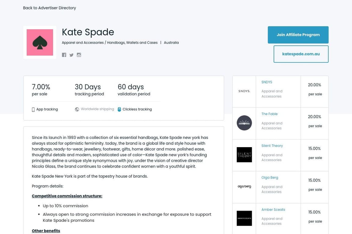 Kate spade AU affiliate program signup page
