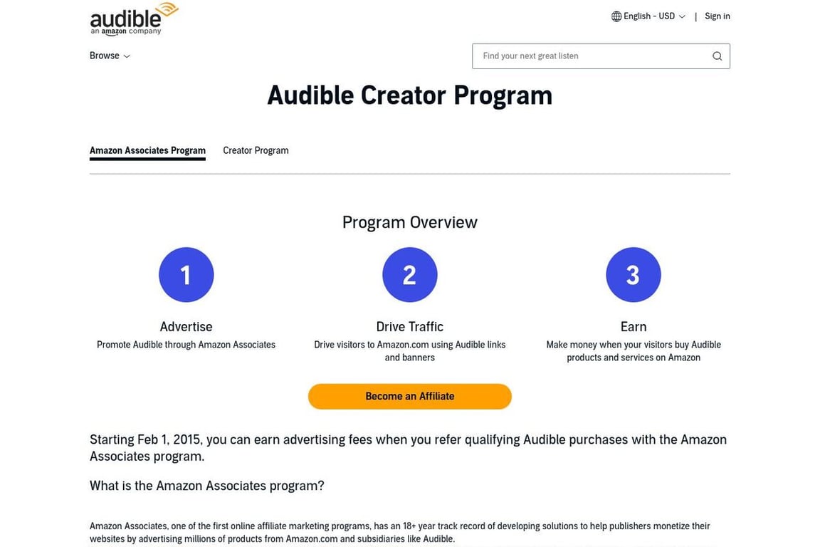 Audible Affiliates affiliate program signup page