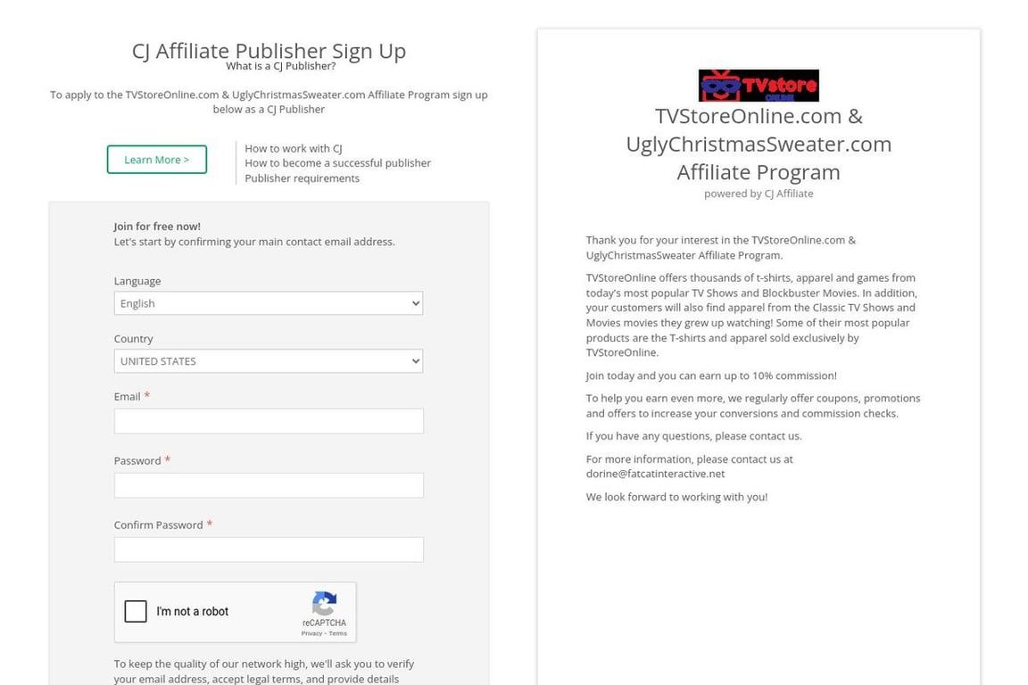 TV Store Online affiliate program signup page