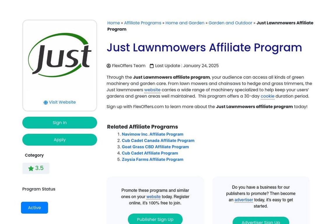 Just Lawnmowers affiliate program signup page