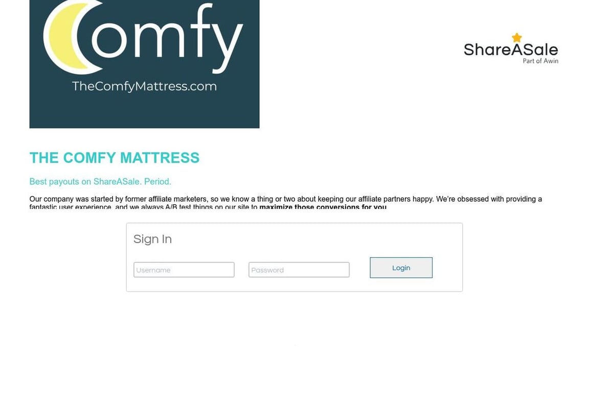 Comfy Sleep, Inc affiliate program signup page