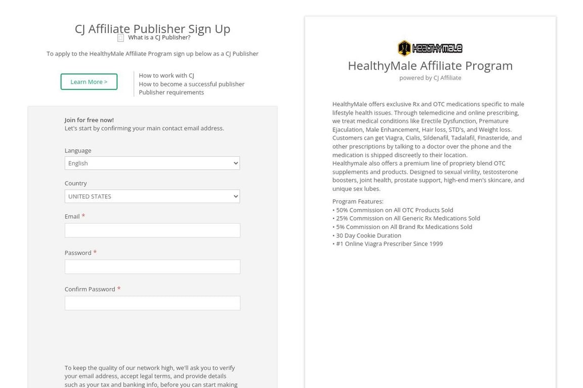 HealthyMale affiliate program signup page
