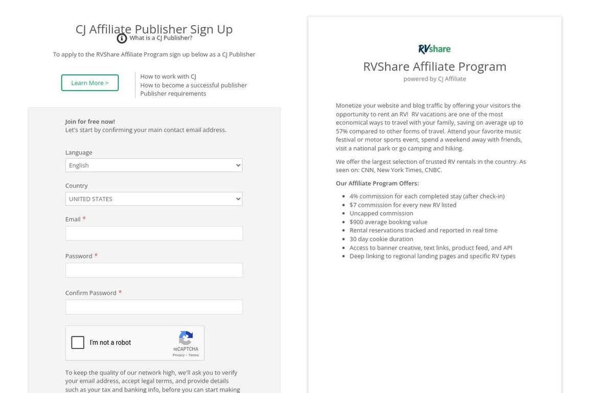 RVShare affiliate program signup page