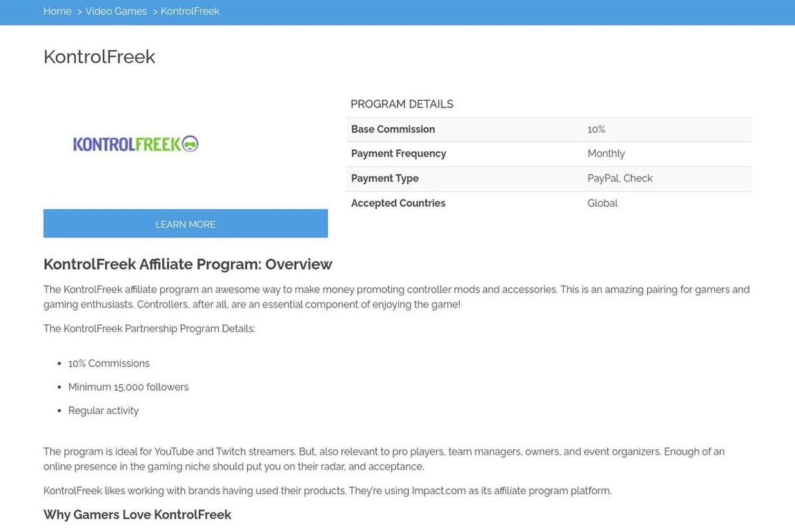 KontrolFreek affiliate program signup page