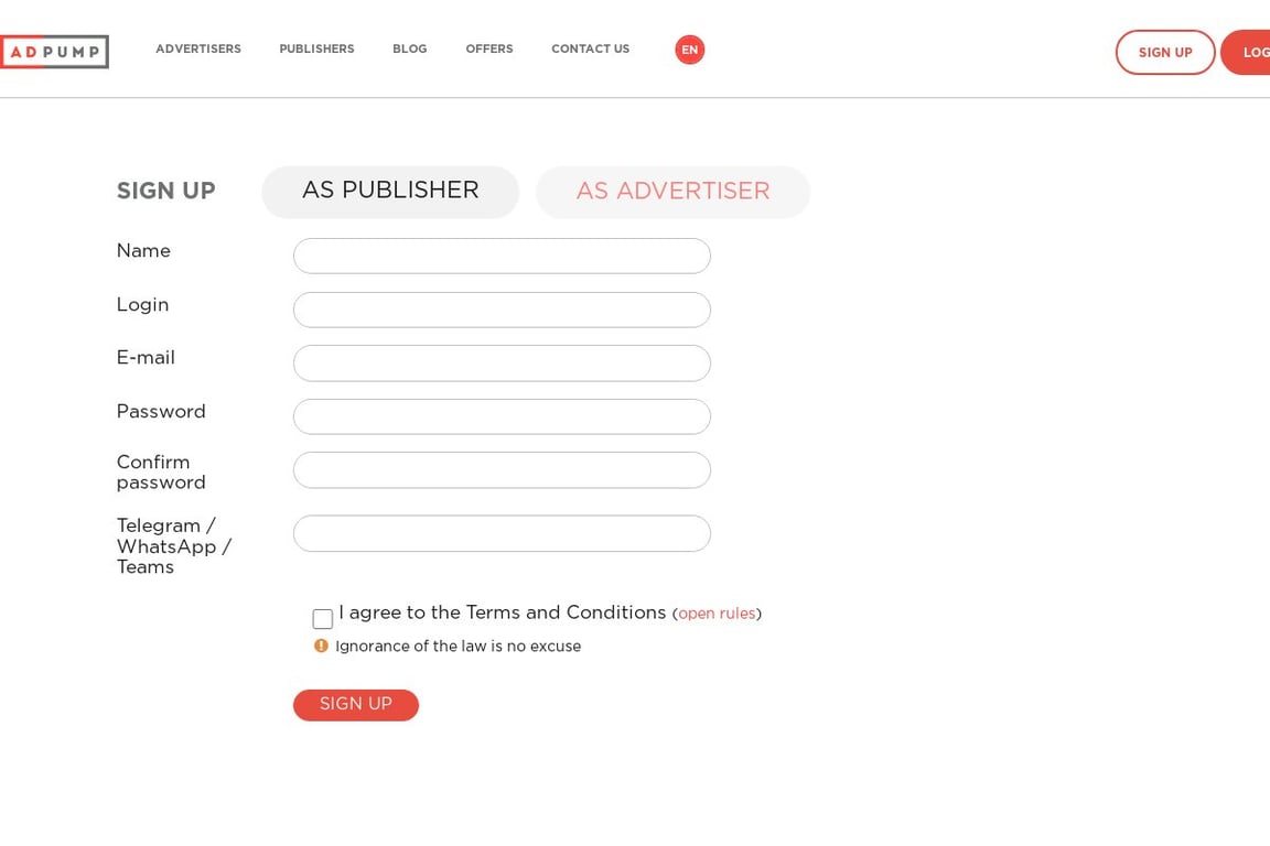 Adpump affiliate program signup page