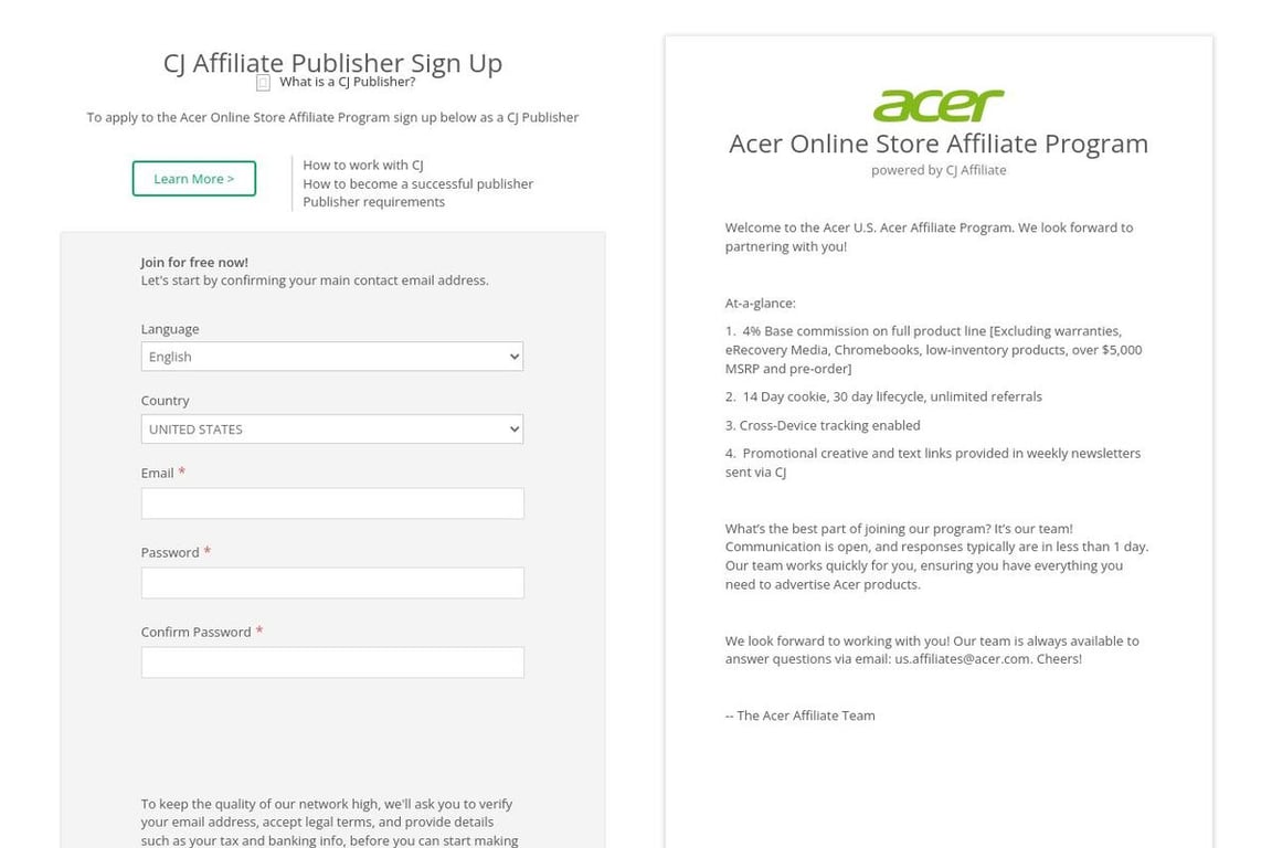 Acer affiliate program signup page