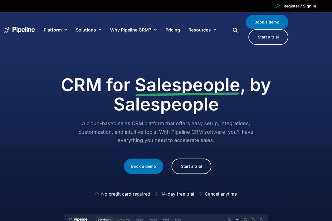 Pipeline CRM homepage
