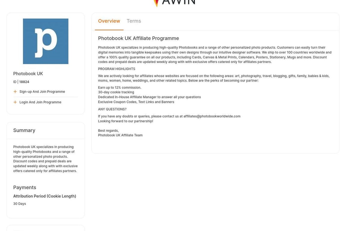 Photobook UK affiliate program signup page
