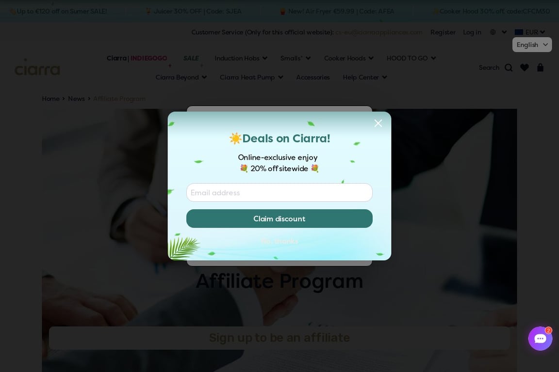 Ciarra appliances affiliate program signup page