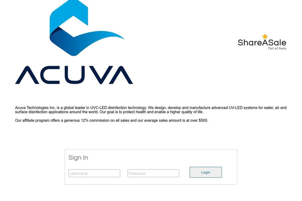 Acuva Technologies Inc. affiliate program signup page
