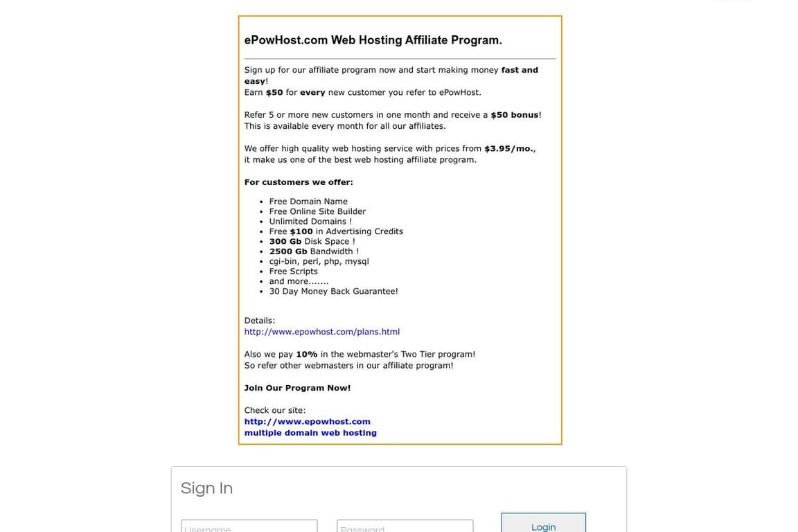 EPowHost.com affiliate program signup page