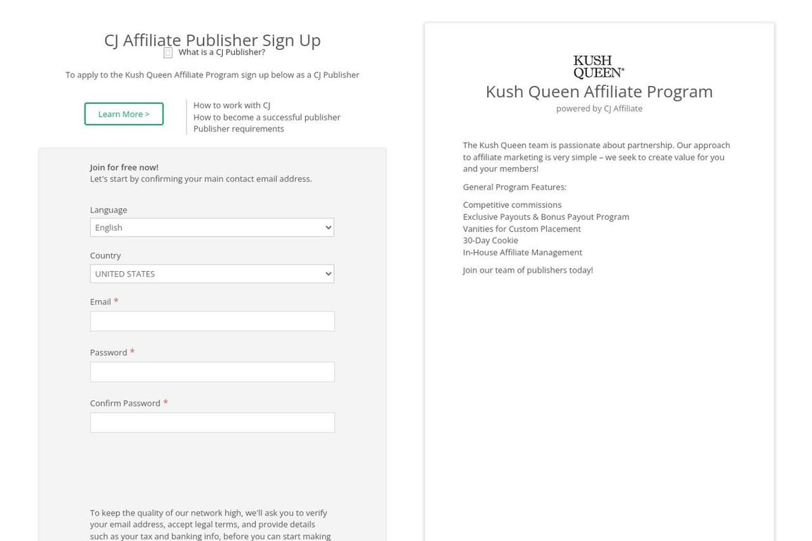 Kush Queen affiliate program signup page