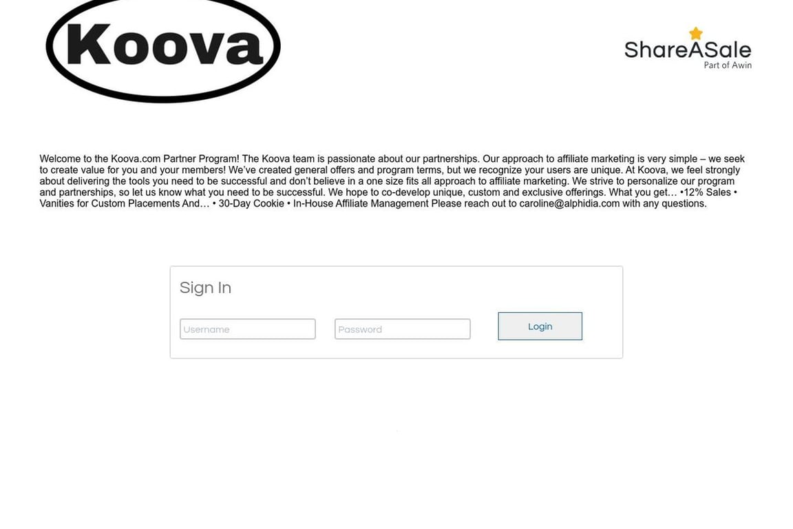 Koova affiliate program signup page