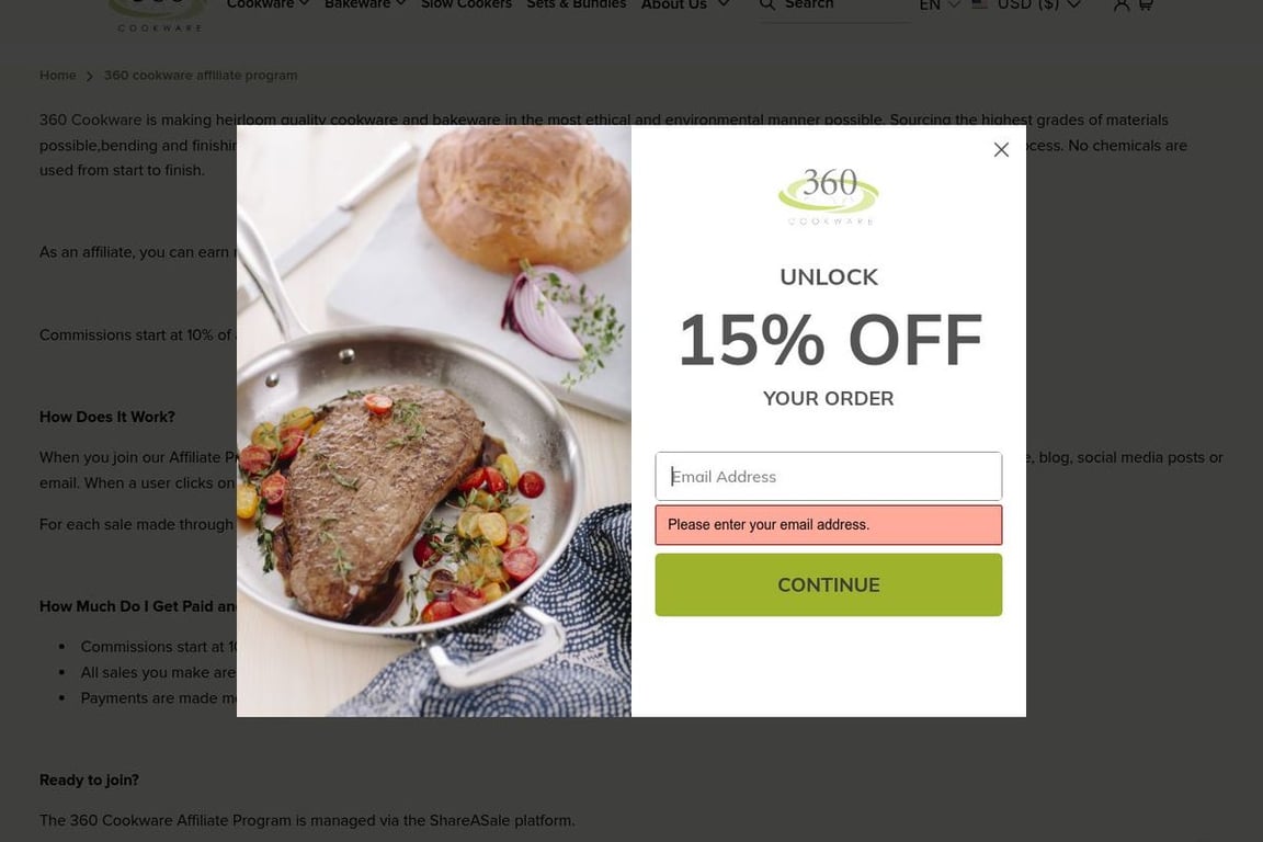 360 Cookware affiliate program signup page