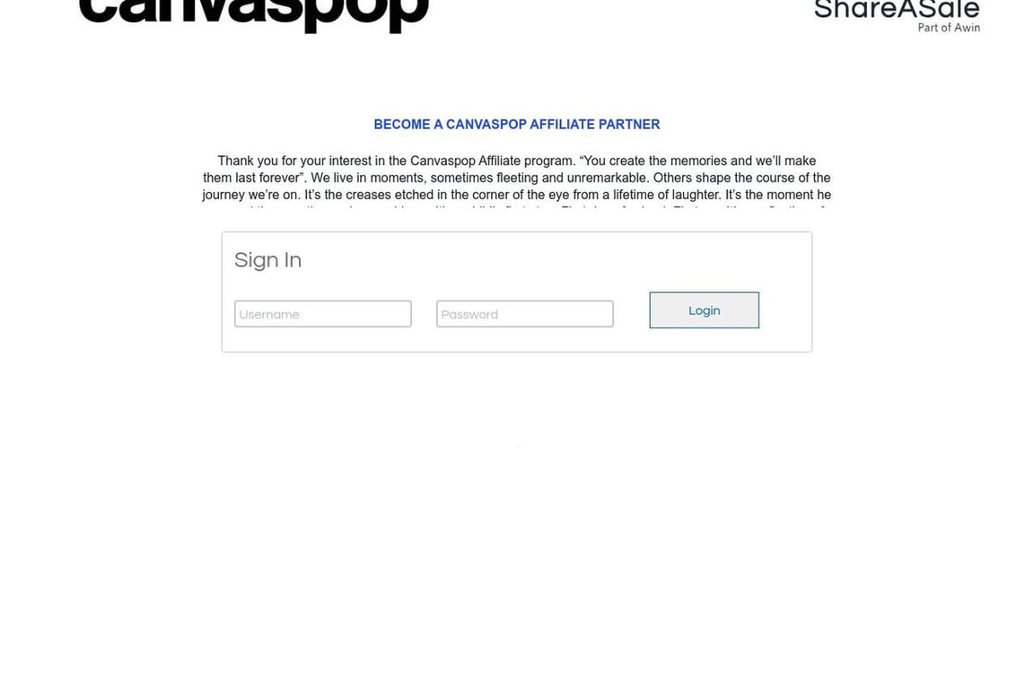 Canvas Pop affiliate program signup page
