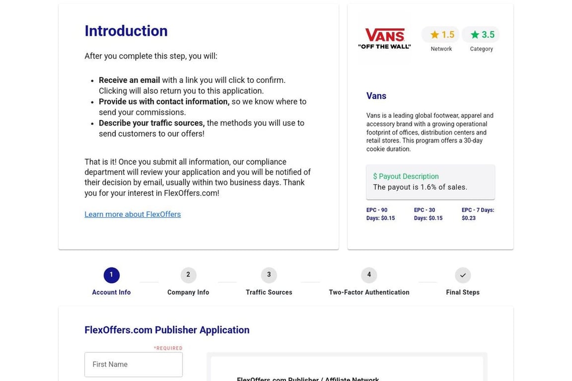 Vans affiliate program signup page