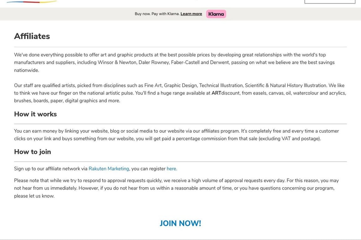 Art Discount affiliate program signup page