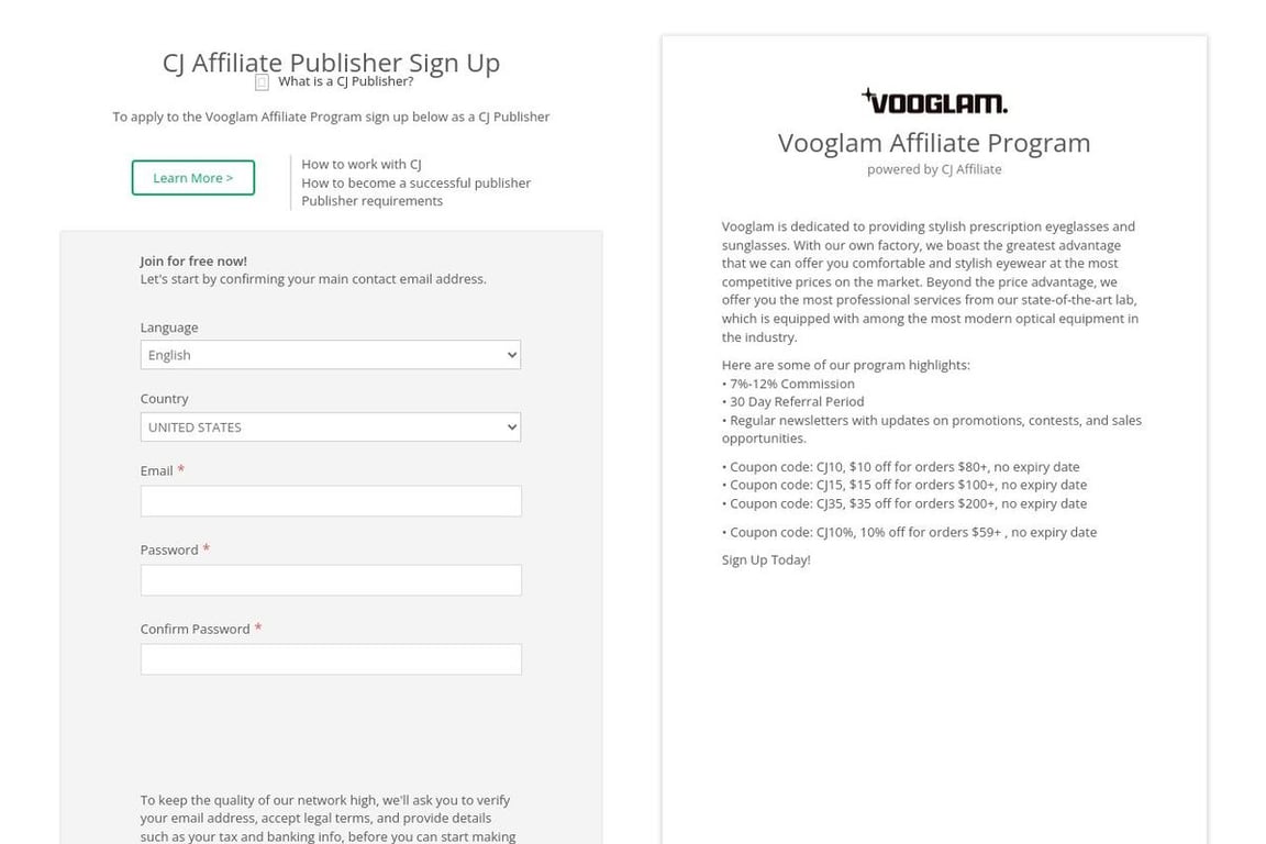Voogueme affiliate program signup page