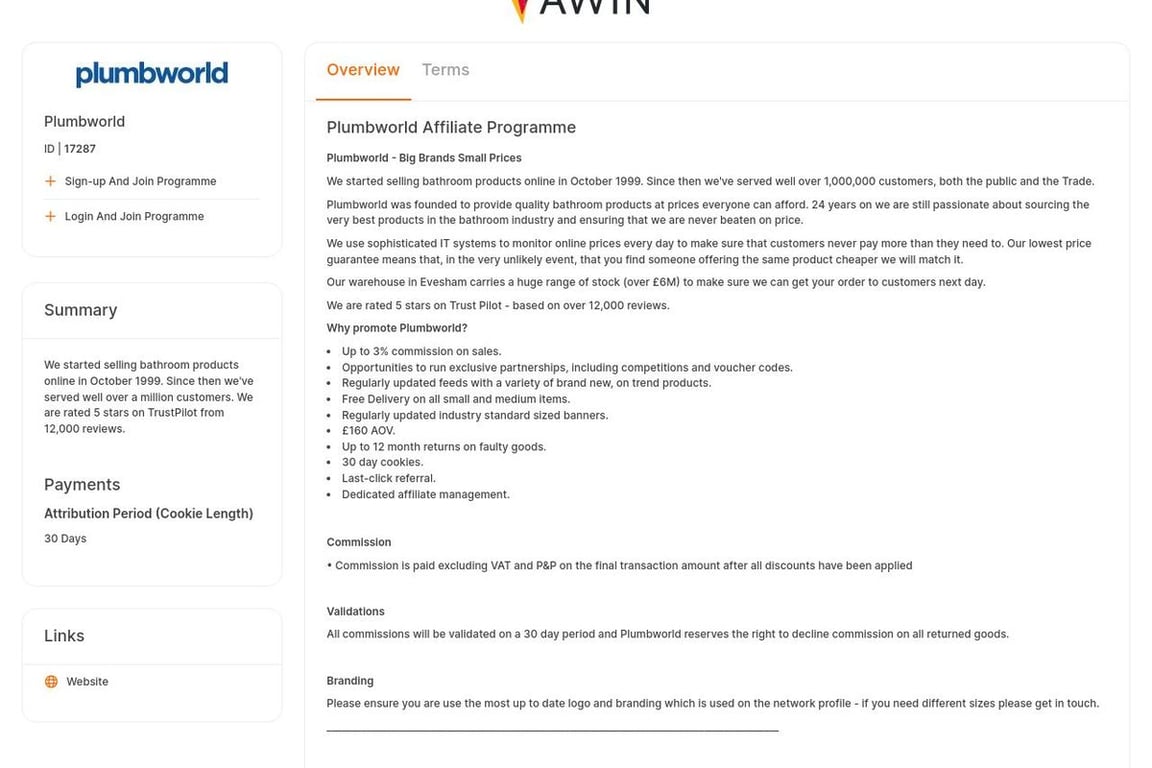 Plumbworld affiliate program signup page