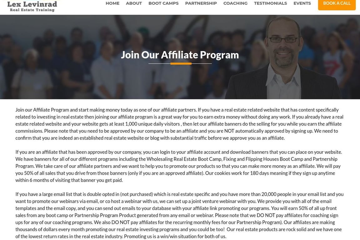 Lex Levinrad affiliate program signup page