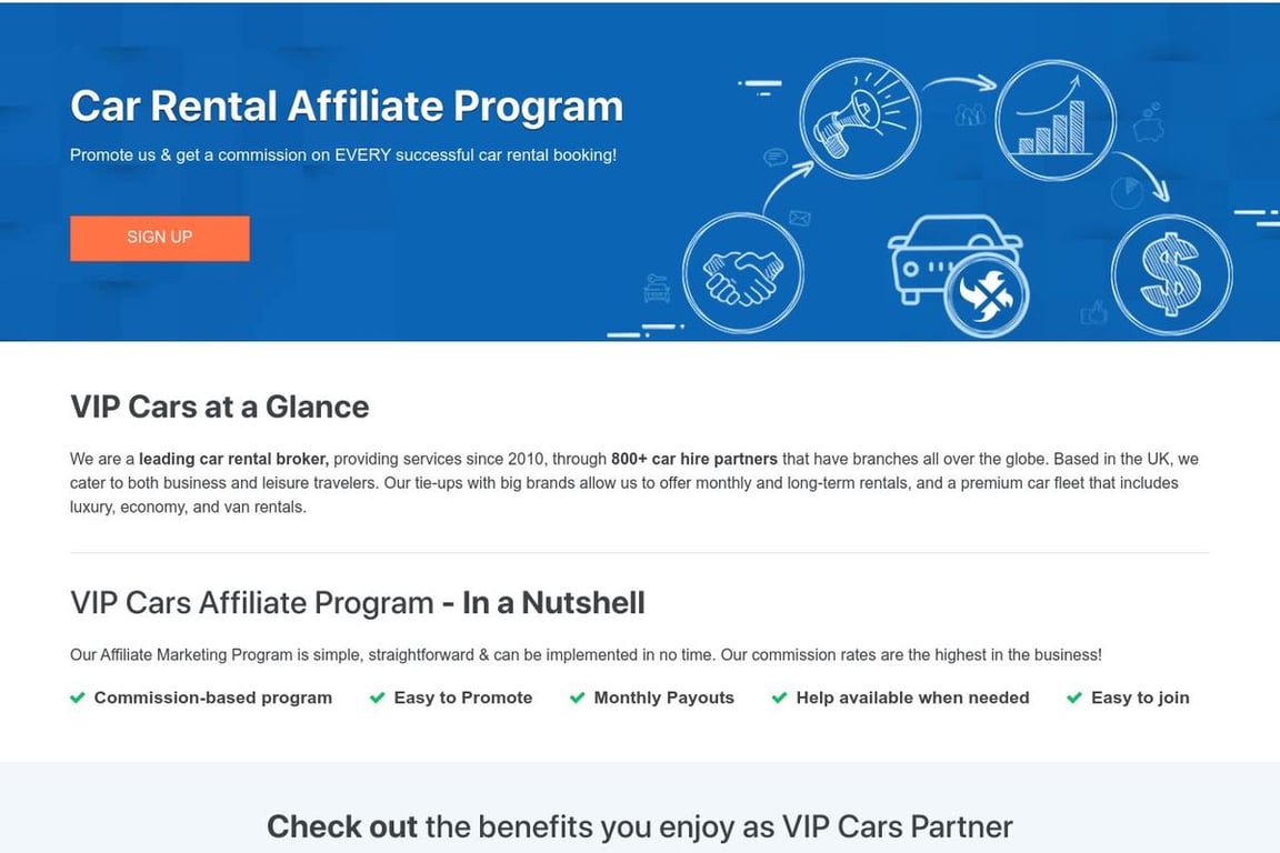 VIP Cars affiliate program signup page