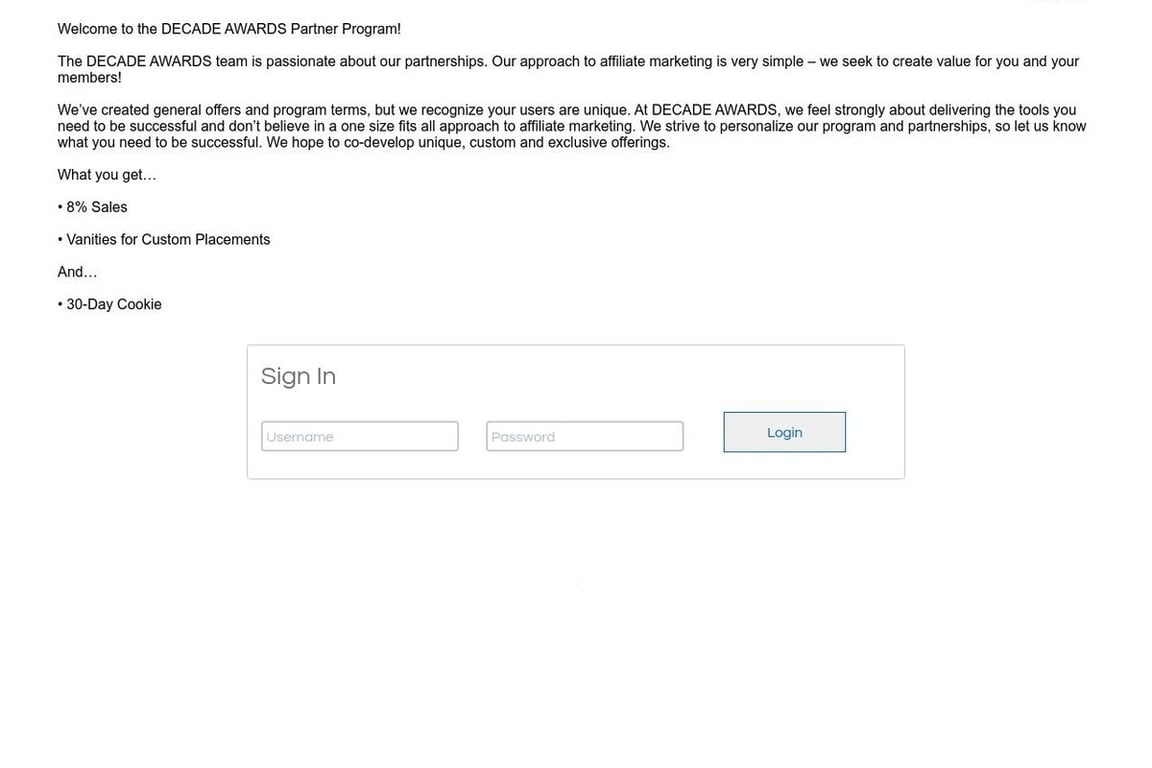Decade Awards affiliate program signup page