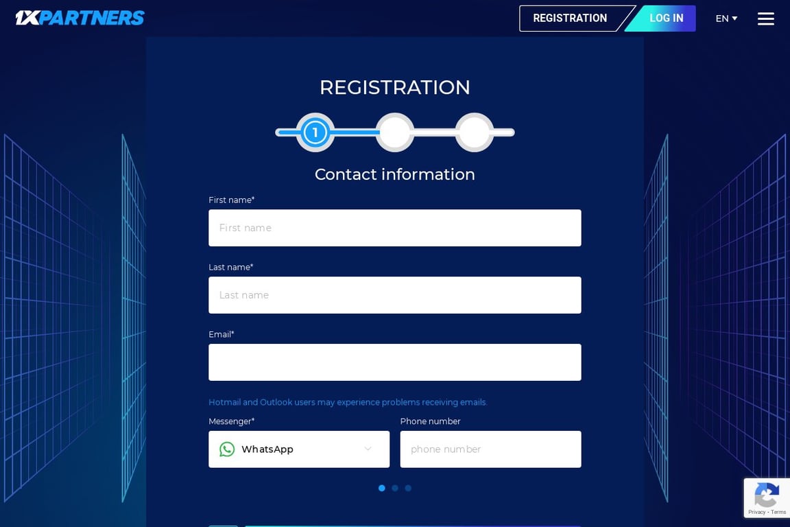 1xBet affiliate program signup page