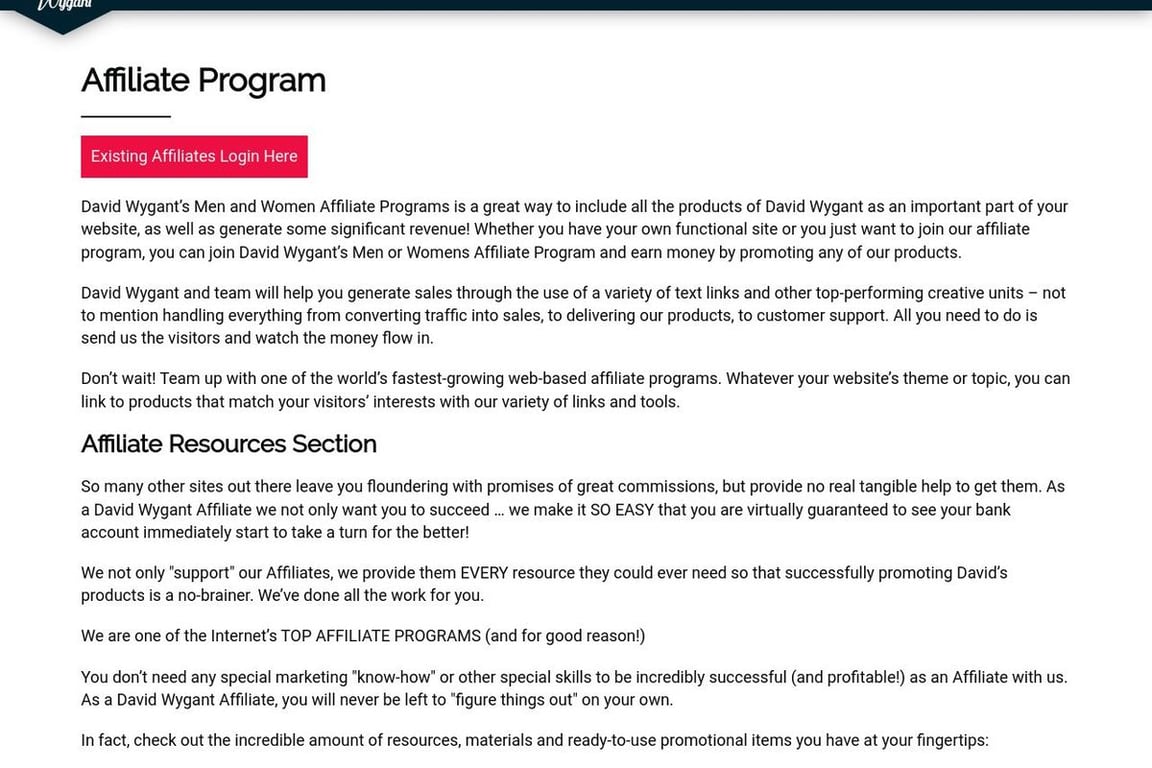 David Wygant affiliate program signup page