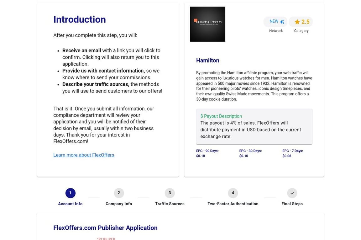 Hamilton affiliate program signup page