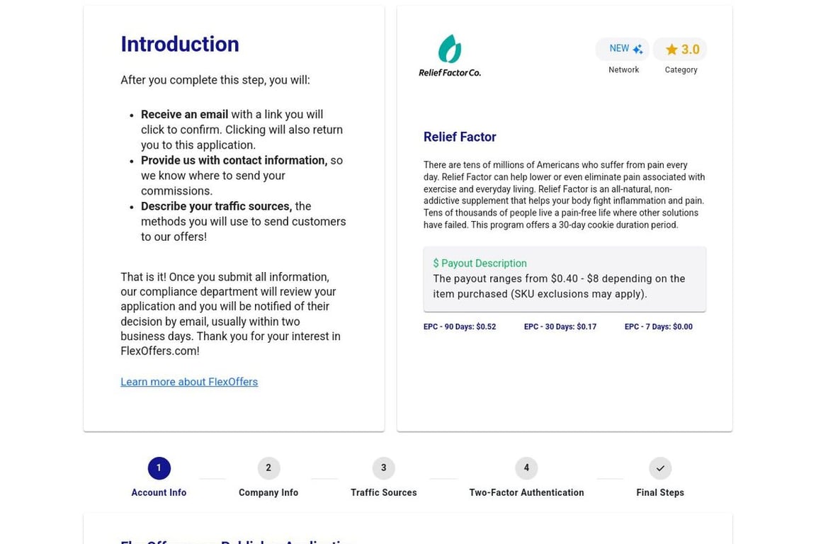 Relief Factor affiliate program signup page