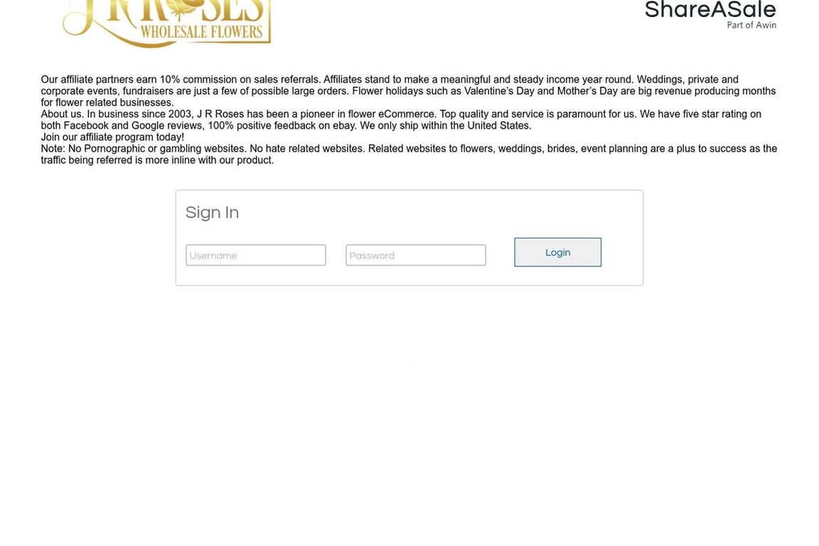 J R ROSES affiliate program signup page