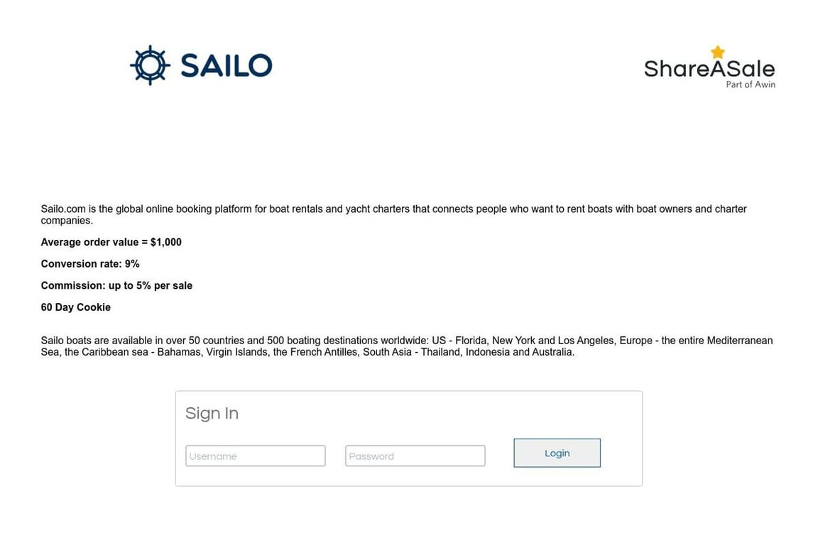 SAILO, INC affiliate program signup page