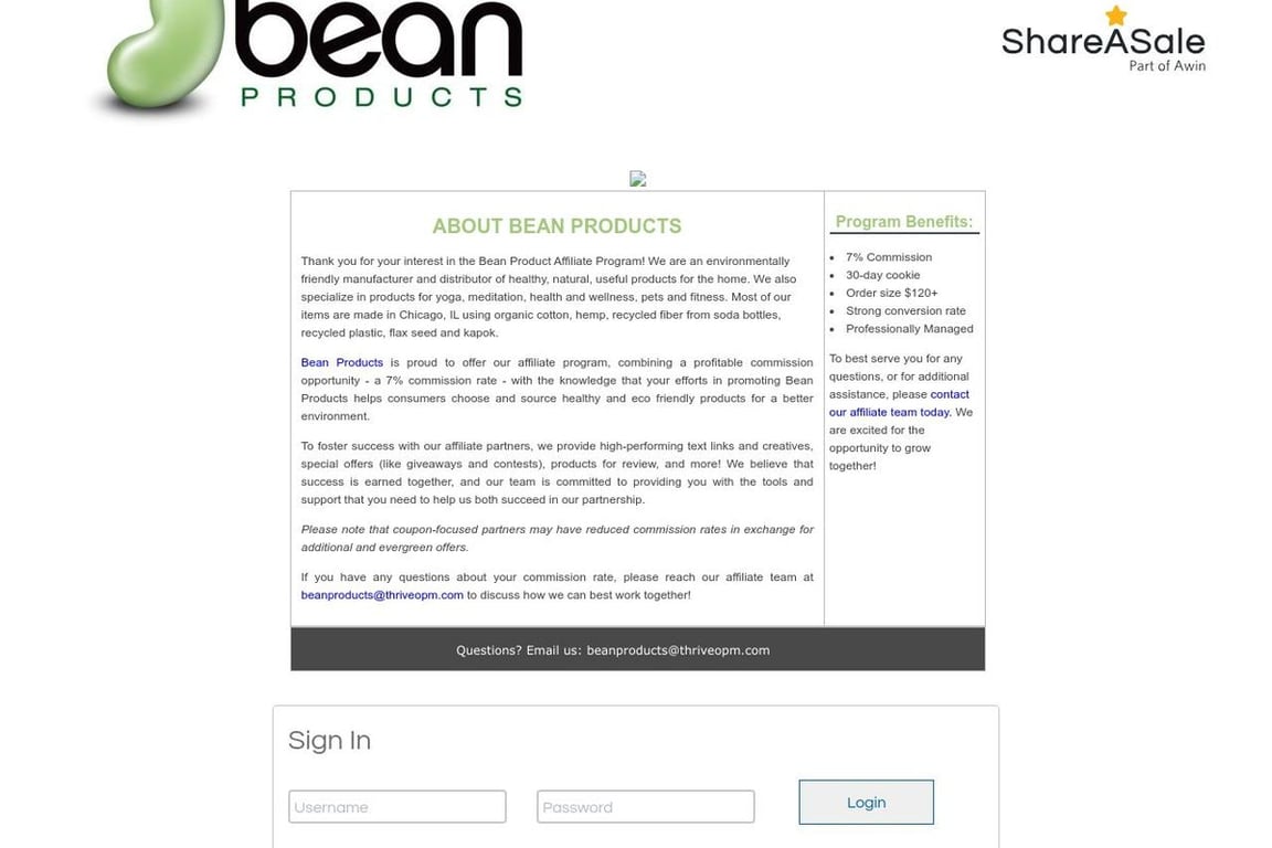 Bean Products affiliate program signup page