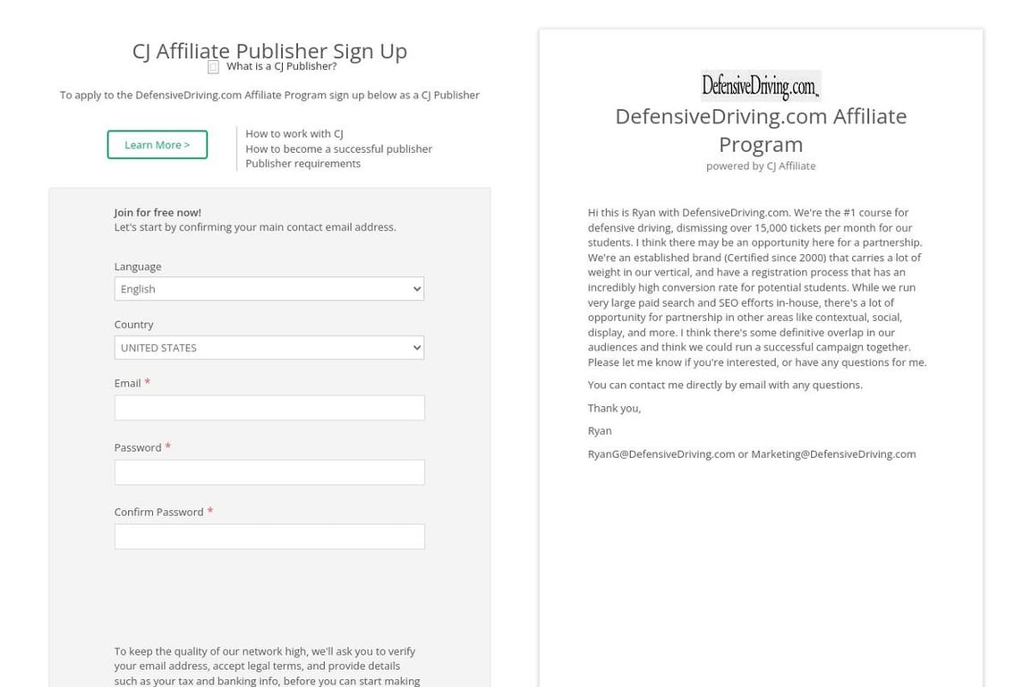 DefensiveDriving.com affiliate program signup page
