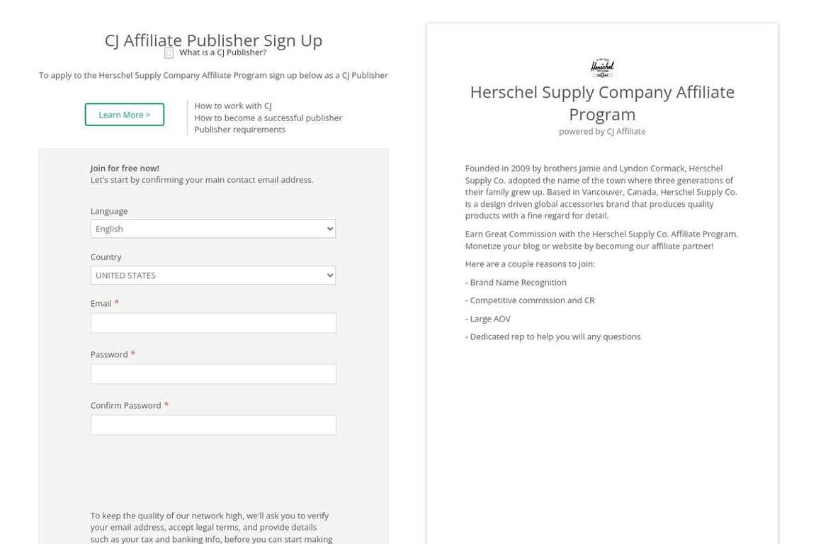 Herschel Supply CA affiliate program signup page