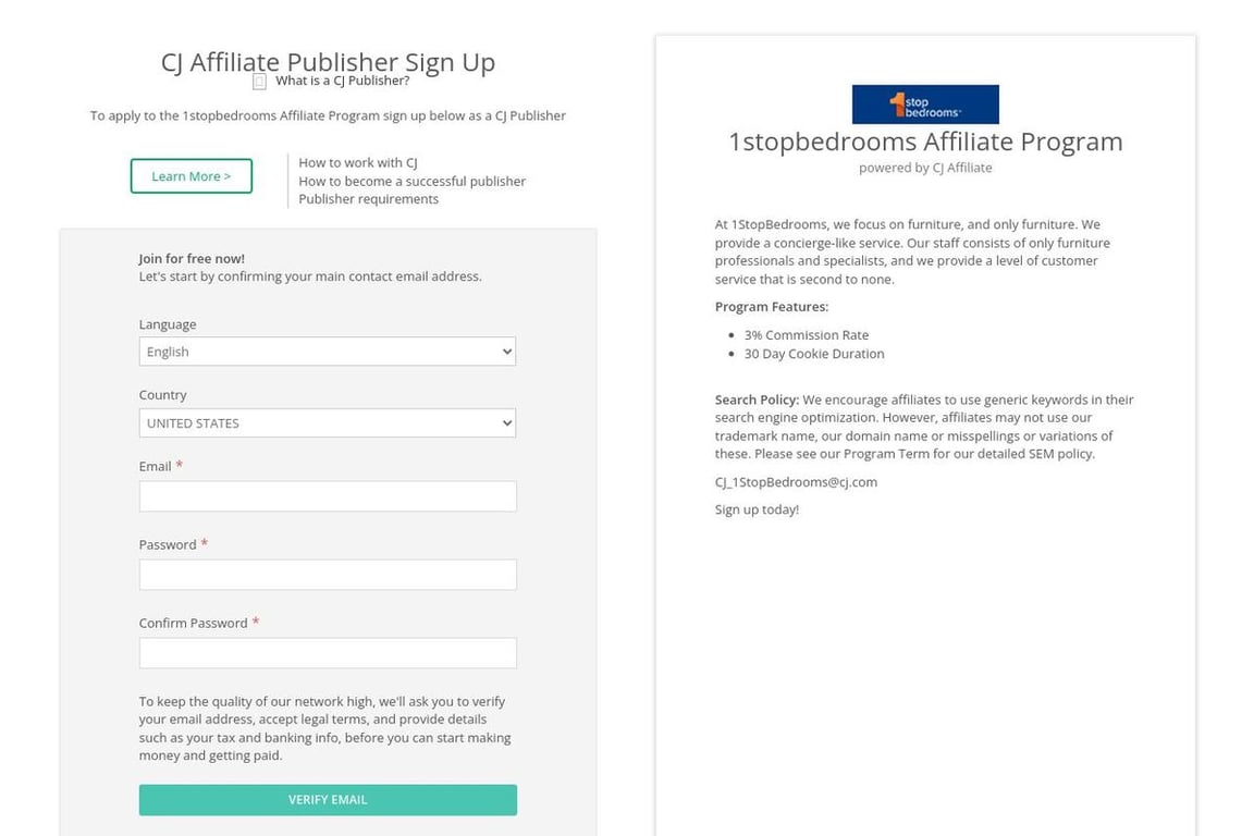 1stopbedrooms affiliate program signup page