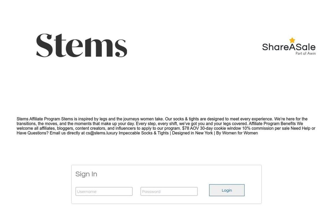 Stems Socks and Hosiery affiliate program signup page