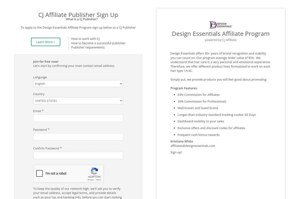 Design Essentials Preferred affiliate program signup page