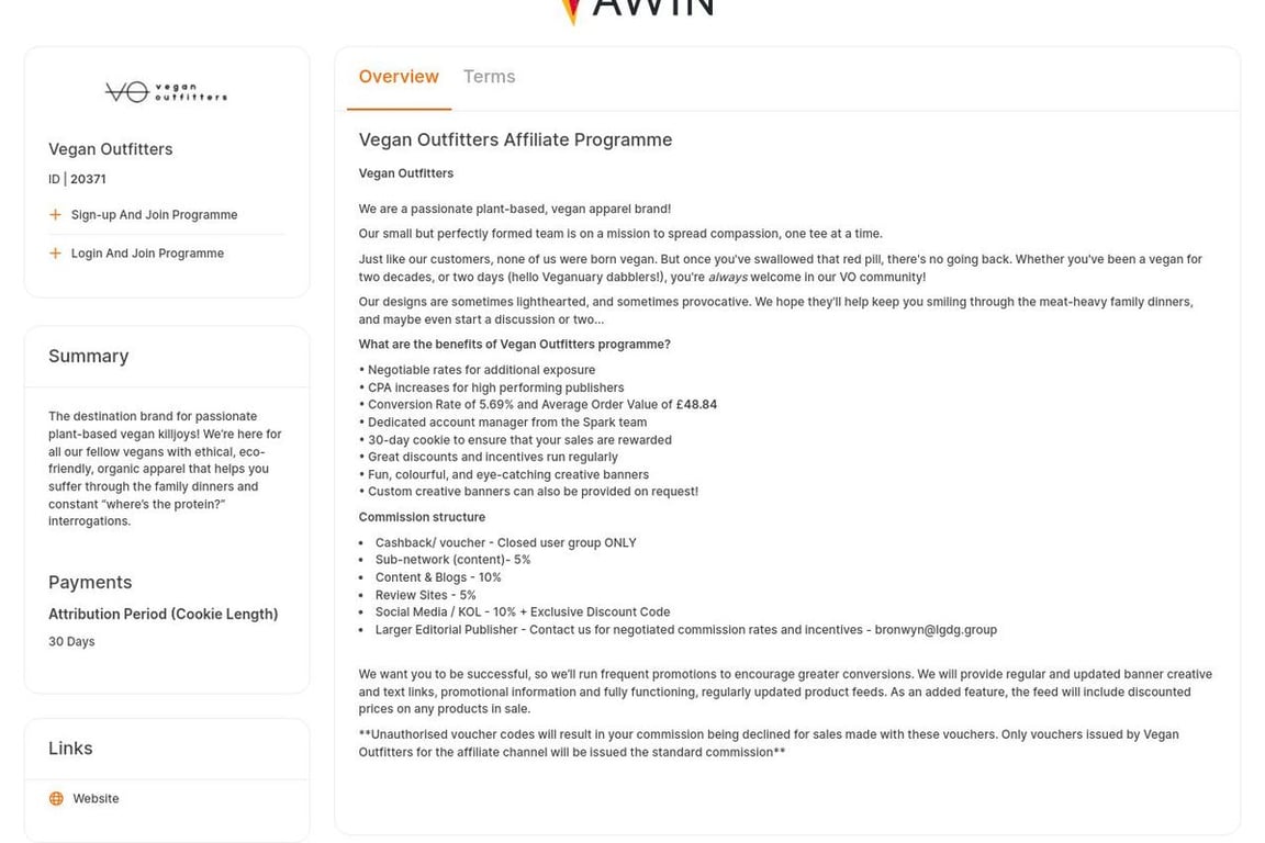Vegan Outfitters affiliate program signup page