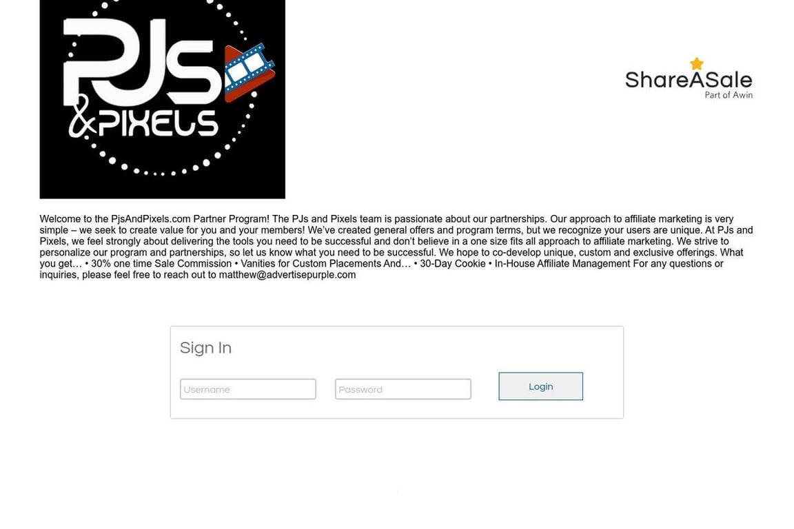 PJs and Pixels affiliate program signup page
